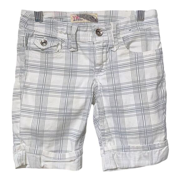 YMI GRAY/WHITE PLAID PRINT BERMUDA SHORTS MID- RISE SIZE 7 - Picture 1 of 8